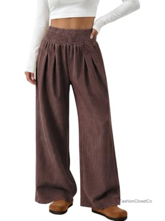 Pants - Women's Wide Leg Palazzo Corduroy Pants with Pockets Casual